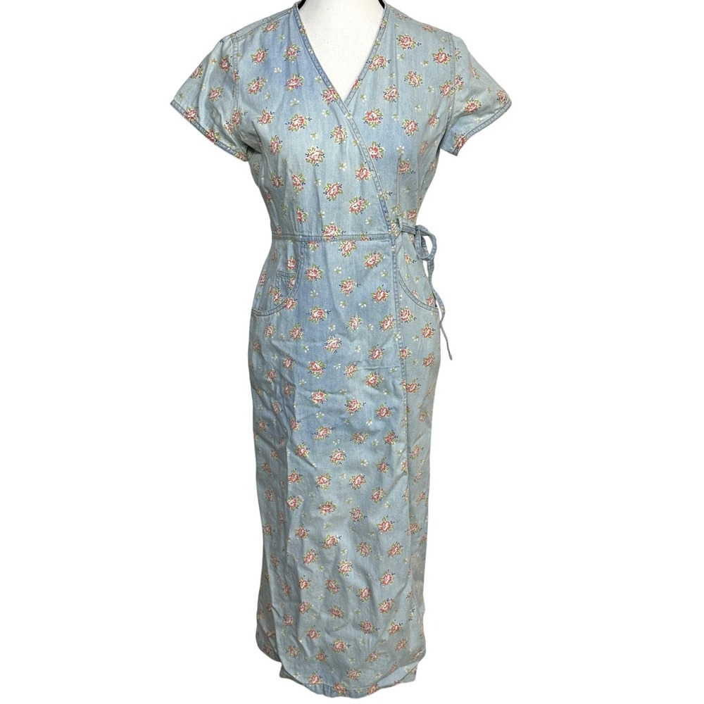 VTG Floral Denim Wrap Midi Dress SP 90s‎ Cottagecore Prairie Boho Ditsy Country